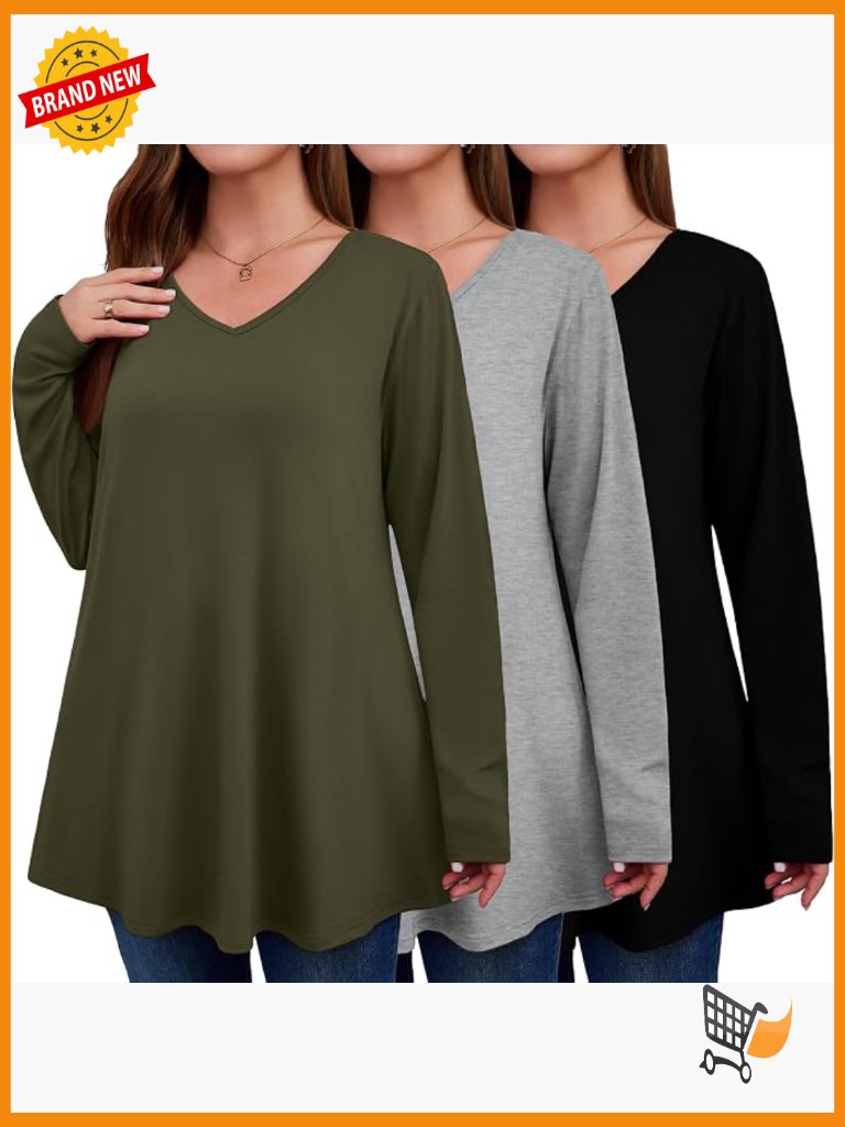 Plus Size Tunic Tops V Neck Long Sleeve Loose Fit Flowy 3 Pack